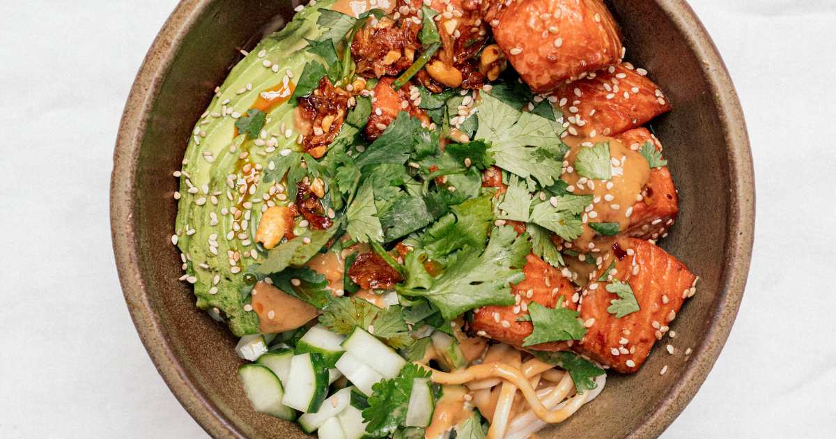 Two Raw Sisters Chilli Oil Satay Salmon Noodles with Sweet Heat Hot Honey