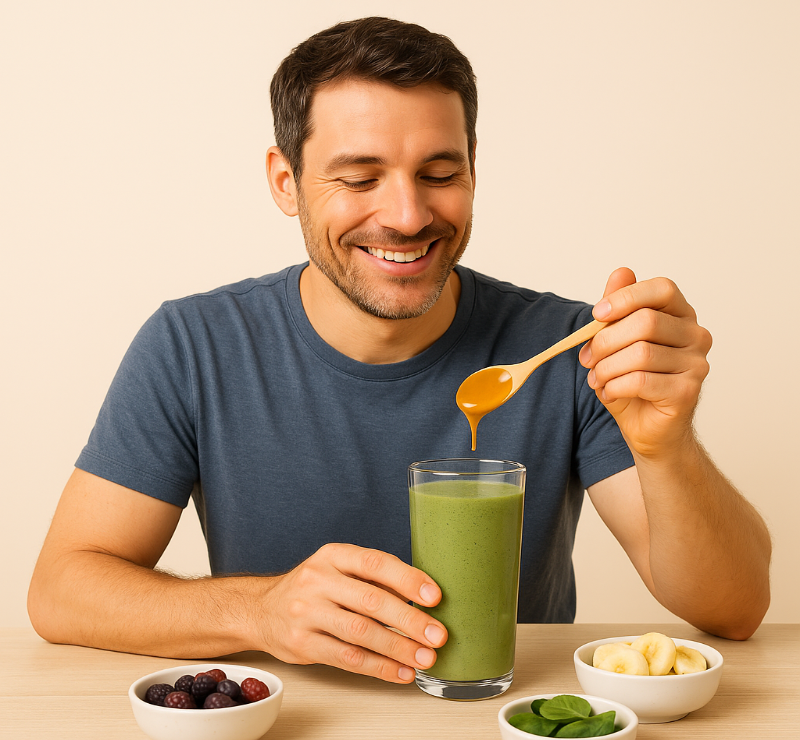 Man holding a glass of green smoothie with a spoonful of caramel sauce, surrounded by ingredients on a beige background.